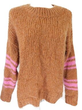 Aerie Camel Crewneck Sweater with Pink Sleeve Stripes Like new